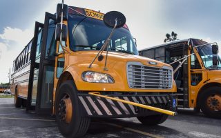 The sloped hood provides increased visibility for the driver. High visibility safety features are used on all buses including stop arms and LED lighting.
